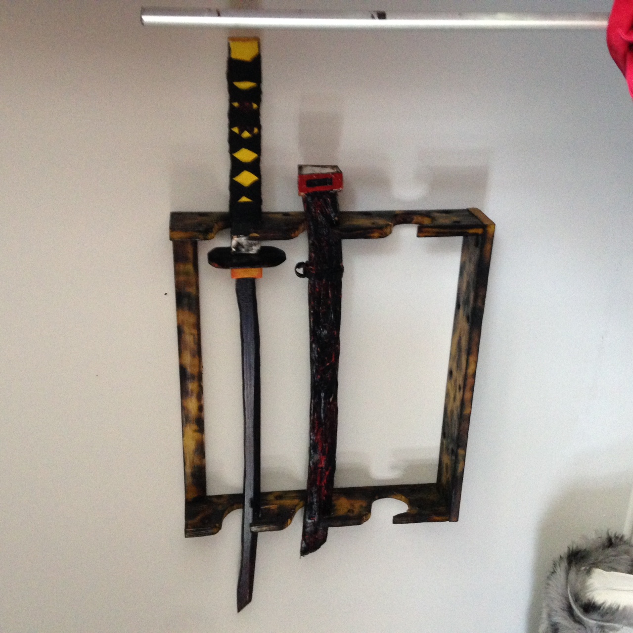 Handmade Japanese Style Samurai Sword Display. Burnt Wood Shou Sugi Ban wood finish. Freestanding or Wall Mounted